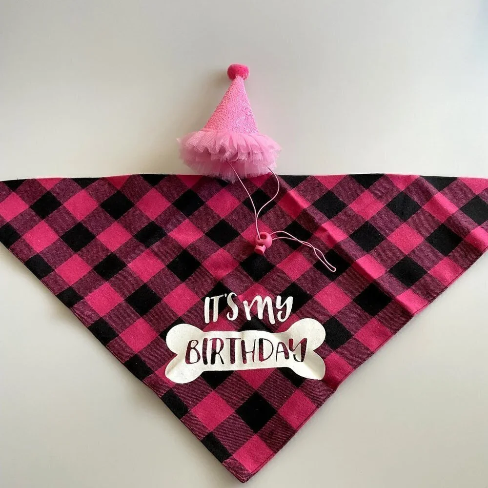 HAPPY BIRTHDAY DOG BANDANA HAT BANNER PARTY SET, PINK